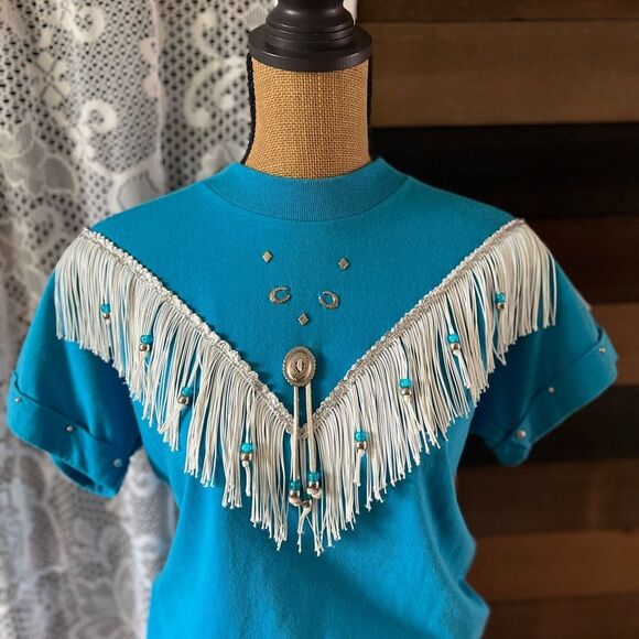 Vintage Western Hazelwoods Crew Blue & Silver Fringe Southwestern Aztec T-Shirt - Picture 4 of 8